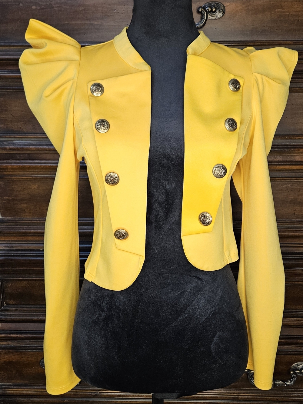 Chocolate Bright Yellow Military-Style Puff Shoulder Blazer